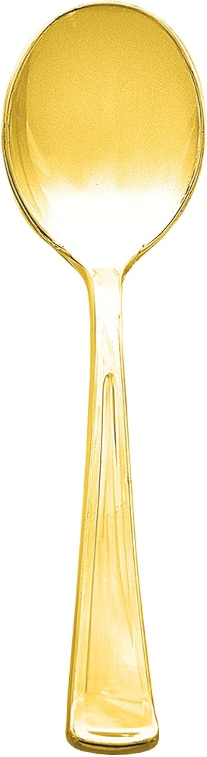 Party Essentials 100-Count Disposable Plastic Cutlery, Heavy-Duty Silverware, Shiny Gold Soup Spoons