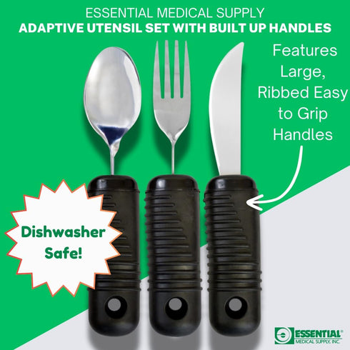 Set Essential Medical Supply Adaptive Utensil with Built Up Handles - Bendable Fork, Spoon, and Rocker Knife with Large
