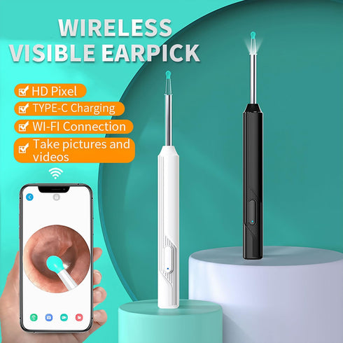 ?1296p?Ear Picker with Camera - Light-up Ear Picker, 8-Piece Set, Ear Cleaner for iOS and Android, Black