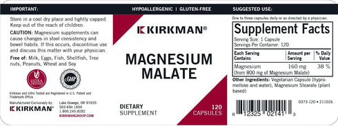 Kirkman Magnesium Malate 800 mg, 120 Capsules, Supports Restful Sleep