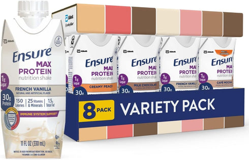Ensure Max Protein Nutrition Shakes - Variety Pack with 30g Protein, 1g Sugar, 11 fl oz, Pack of 8