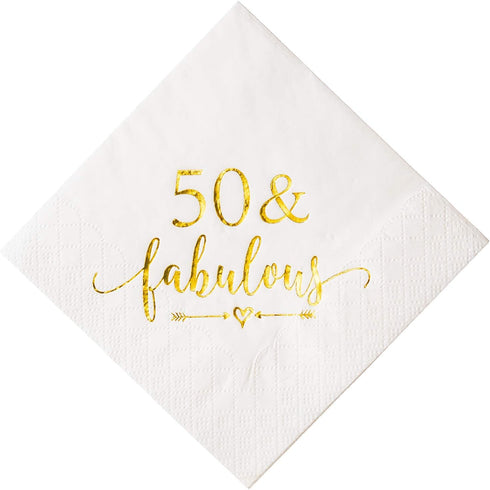 Crisky 50 and Fabulous Cocktail Napkins, Gold, 50Pcs for Women 50th Birthday Decorations, 3-Ply
