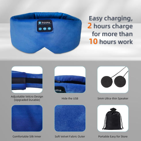Sleep Headphones Bluetooth Eye Mask Soft Headband Headphones Blackout Sleep Mask Side Sleeper Wireless Sleep Headset Earbuds Speaker Microphone Travel Meditation Mask, Blue