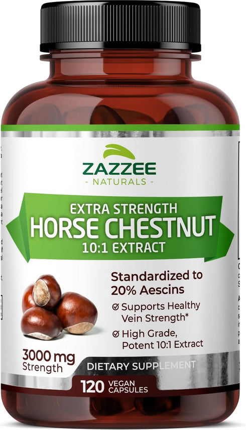 Zazzee Extra Strength Horse Chestnut 10:1 Extract, 3000 mg, 120 Vegan Capsules, 4 Month Supply