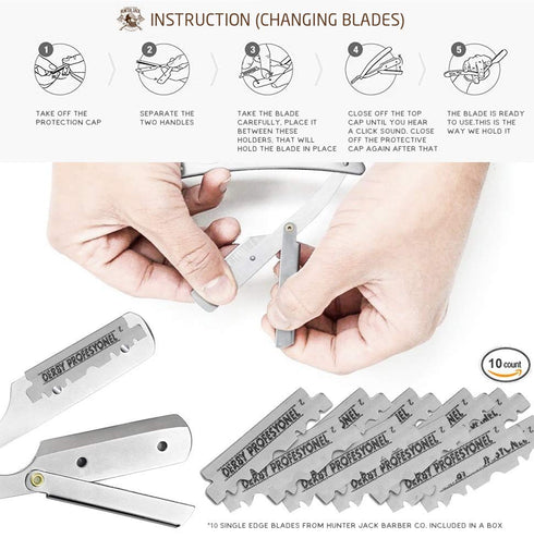 Straight Razor Kit - Complete Kit for Men with Beard Scissors & Metal Comb, Premium Polished Stainless Steel, 10 Extra