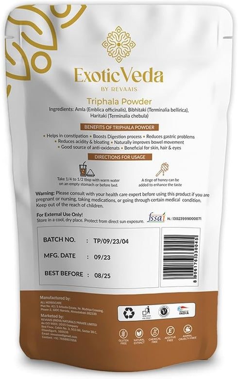 Organic Triphala Powder | Ayurvedic Gut Immune Health Nutrient Dense, Vegan, Gluten-Free Amla, Haritaki, Bibhitaki | Aids in Digestion | Non GMO 100% Vegan (100g)