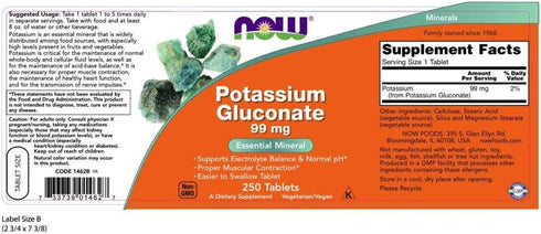 NOW Supplements, Potassium Gluconate 99mg, Easier to Swallow, Essential Mineral*, 250 Tablets