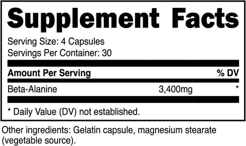 Primal Beta-Alanine Capsules | 3400mg Supplement (30 Servings, 120 Capsules) | Gluten-Free & Non-GMO, 850mg Per Cap
