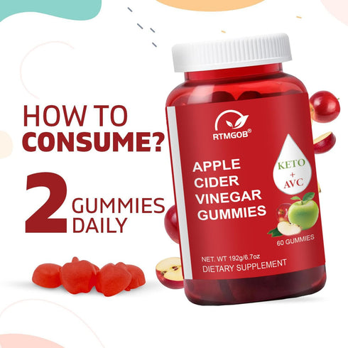 RTMGOB Gummy, B12, 1000 Supplement-60 Gummies Apple Cider Vinegar Vitamin mg, Apple Flavor, Vegan, Non-GMO, Gluten Free