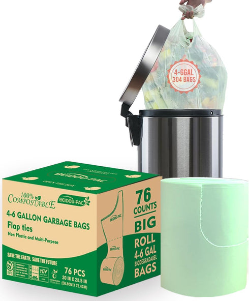 4-6 Gallon Flap Tie Compostable Trash Bags, 76 Count, Sturdy Biodegradable Kitchen Trash Bags, ASTM D6400, US BPI
