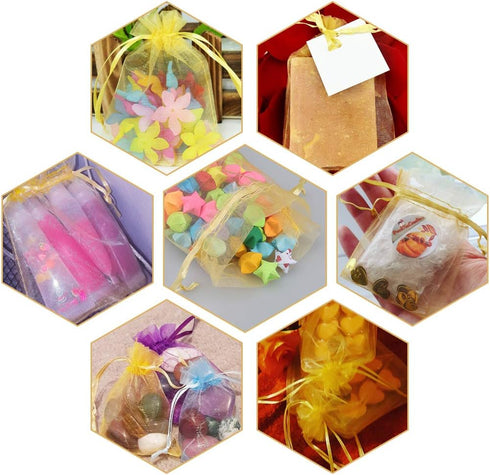 G2PLUS Gold Organza Bags, 4×6 Inches, 100PCS with Drawstring, Sheer Mesh Jewelry Pouches for Christmas