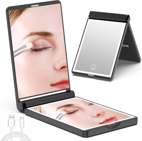 WOBSION Lighted Compact Mirror Rechargeable Travel Makeup Mirror with Light and 1x/3x Magnifying (Black)
