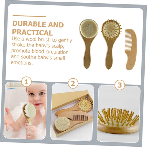 VANZACK Set Wool Baby Brush for Newborns Wooden Scalp Grooming Comb Soft Bristle Hair Brush for Infant Care