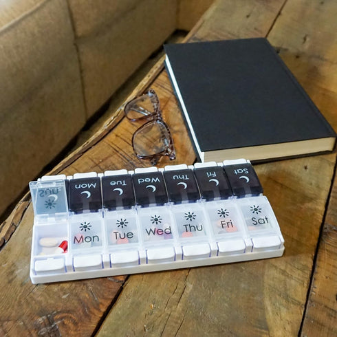 EZY DOSE Push Button (7-Day) Pill Case, Medicine Planner, Vitamin Organizer, 2 Times a Day AM/PM, Large Compartments