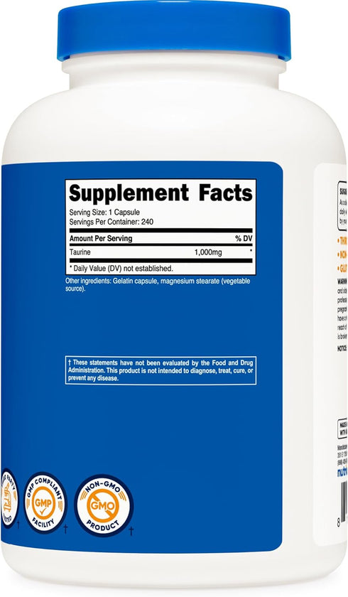 Nutricost Taurine 1000mg Capsules, 240 Capsules Per Bottle, Non-GMO & Gluten Free Supplement