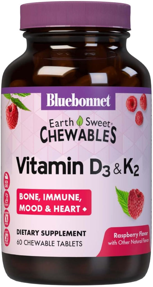 Bluebonnet Nutrition Vitamin D3 & K2 EarthSweet Chewable Tablets, 60 Raspberry Flavor, Immune, Mood & Heart Health