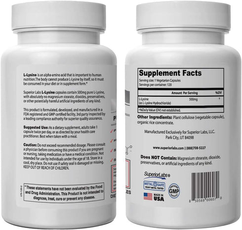Superior Labs – Best L-Lysine NonGMO - Dietary Supplement –500 mg Pure Active L-Lysine – 120 Vegetable Capsules – Supports Calcium Absorption – Immune System & Respiratory Health Support