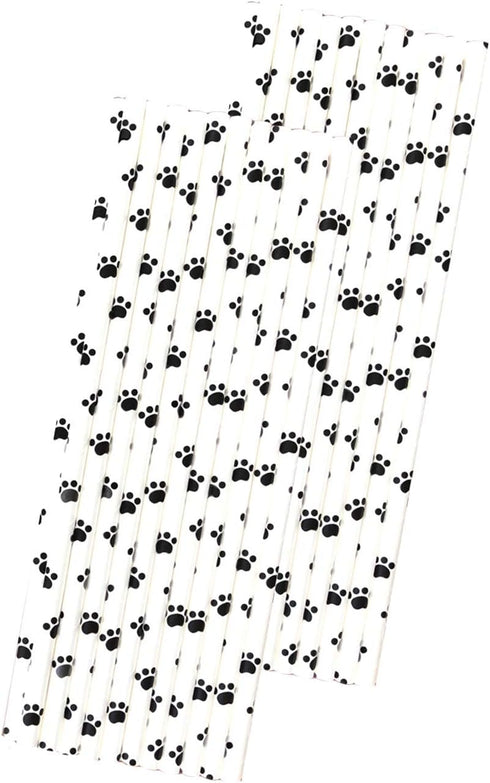 Dog Theme Paw Print Paper Drinking Straws, Black White, 7.75 inches, 50 Pack - Outside The Box Papers Brand