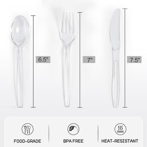 300 Count Heavy Duty Clear Plastic Silverware, 100 Plastic Forks, 100 Plastic Spoons, 100 Plastic Knives, BPA-Free Heat Resistant Disposable Plastic Cutlery Set for Party by VITEVER