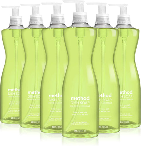Method Gel Dish Soap, Lime + Sea Salt, Biodegradable Formula, Tough on Grease, 18 Fl Oz, Pack of 6