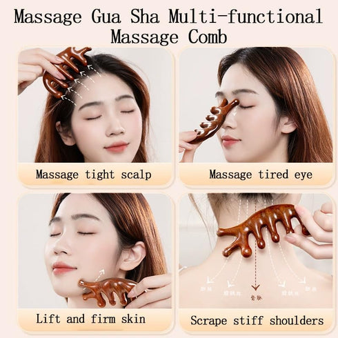 Set 7-Prong Sandalwood Massage Comb Gift - Wooden Scalp Massager & Gua Sha Tool for Head, Neck, Face, Shoulders