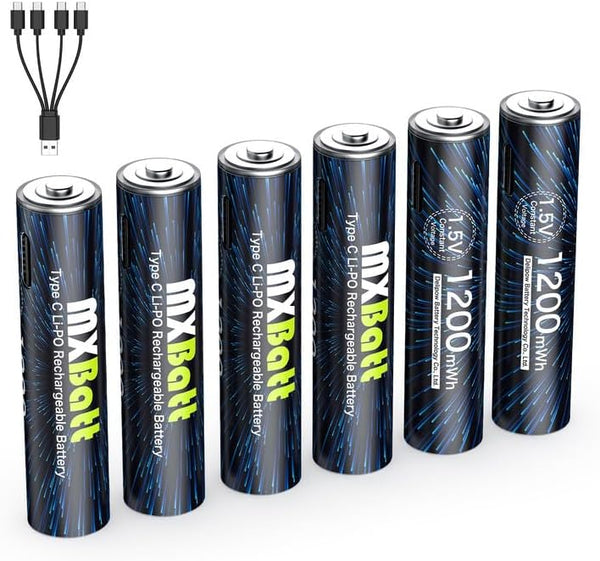 AAA Rechargeable Battery USB C 1.5V 1200mWh High Capacity, 6-Pack with USB C Port Cable