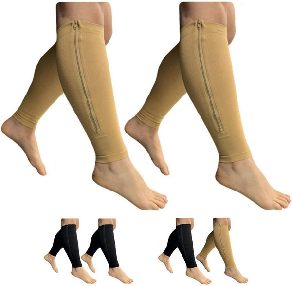 Footless Zipper Compression Leg Calf Shin Sleeve, 15-20 mmHg, 2 Pairs (Beige Combo, 4X-Large)