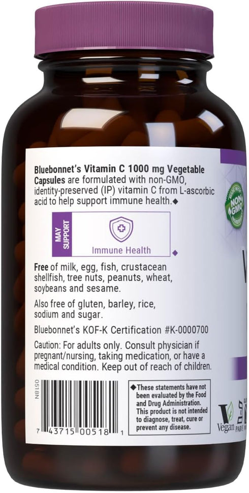 Bluebonnet Nutrition Vitamin C 1000 Mg Vegetable Capsules, Immune Skin Health, Vegan, 180 Count