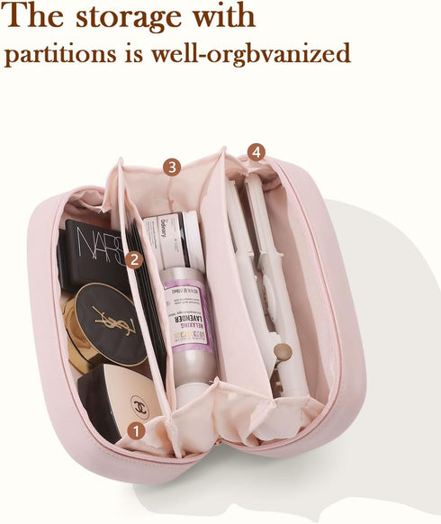 Pocmimut Makeup Bag, PU Leather Travel Cosmetic Bag, Open Flat Pouch for Women Accessories (Pink)