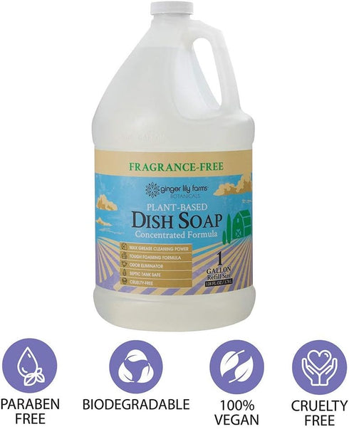 Ginger Lily Farms Botanicals Plant-Based Liquid Dish Soap, Fragrance-Free, 1 Gallon Refill (128 Fl. Oz.)