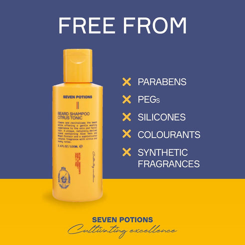 SEVEN POTIONS Beard Shampoo for Men - Natural, Vegan Formula, Gentle Cleansing Wash (Citrus Tonic, 3.4 Fl Oz)