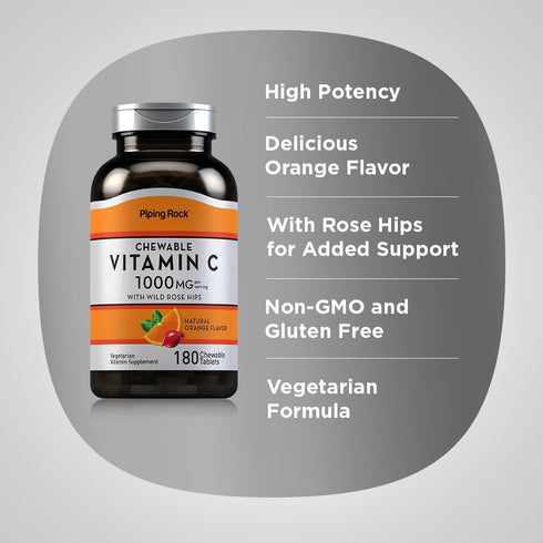 Piping Rock Vitamin C Chewable 1000mg, 180 Tablets, Orange Flavor, Vegetarian, Non-GMO, Gluten Free