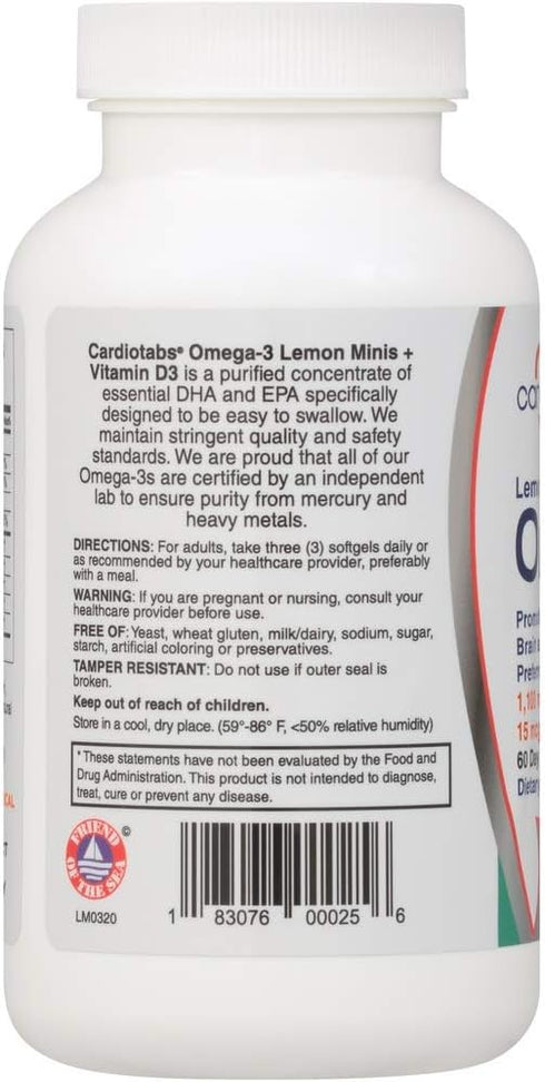 Omega 3 Lemon Minis + Vitamin D3, 1,100 mg Omega-3, 600 IU Vitamin D3, Easy-to-Swallow Softgels, 180 Count