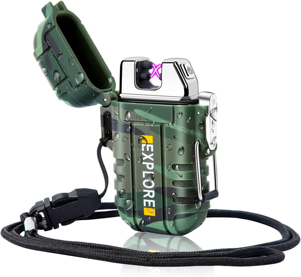LcFun Waterproof Lighter, Outdoor Windproof Dual Arc Electric Lighter, USB Rechargeable for Camping