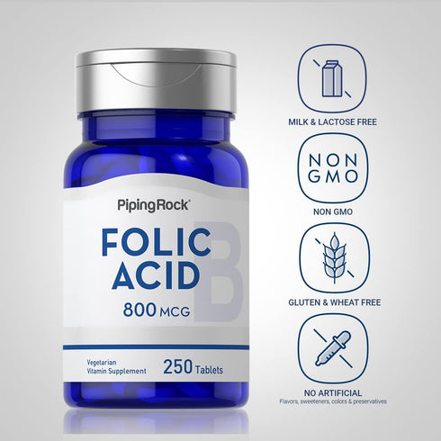 Piping Rock Folic Acid 800 mcg | 250 Vegetarian Tablet Capsules | Non-GMO, Gluten Free Supplement