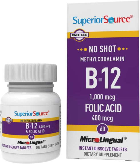 Superior Source No Shot Vitamin B12 Methylcobalamin, 1000 mcg, 60 Count, Quick Dissolve MicroLingual Tablets