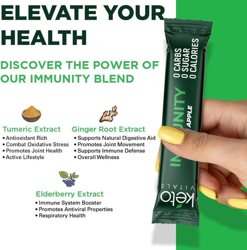 Keto Vitals Immunity Sugar Free Electrolytes Powder with Vitamin C, Green Apple Flavor, 30 Count
