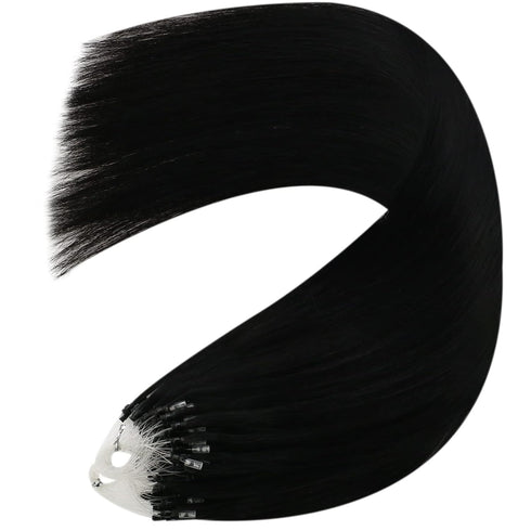 YoungSee Micro Bead Hair Extensions, Real Human Hair Black Microlink Extensions, Jet Black Micro Ring, 16 Inch, 50s/50g