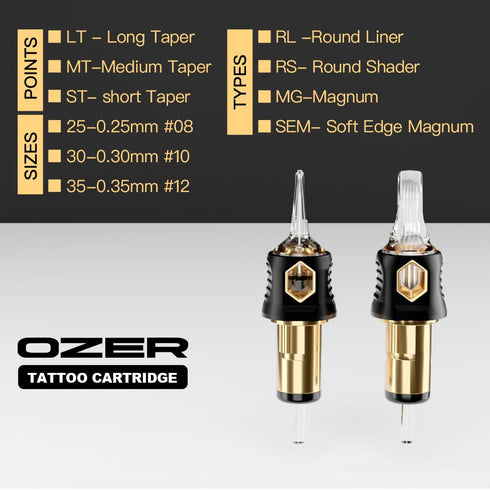 OZER Tattoo Cartridge - #1207RM(0.35mm) 20Pcs Disposable Needles with Membrane Safety Cartridges