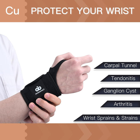INDEEMAX 2 Pack Copper Wrist Brace Support for Carpal Tunnel, Pain Relief, Adjustable Compression Wraps, Black
