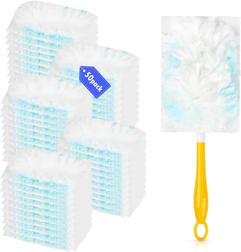 50 Count Heavy Duty Duster Replacement with 1 Handle, 180° Multi-Surface Feather Duster Refills Compatible with Swiffer