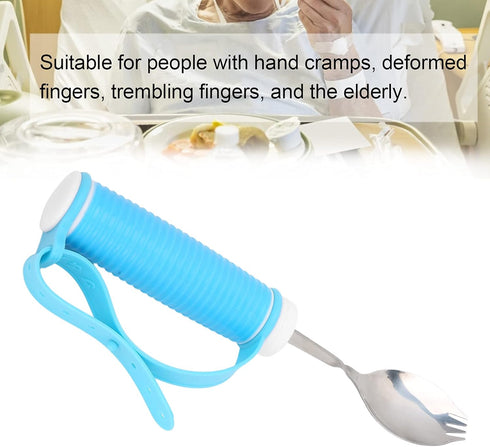 Adaptive Utensils, 2 in 1 Spoons Forks, Stainless Steel Flatware with Adjustable Strap for Elderly Independent Eating