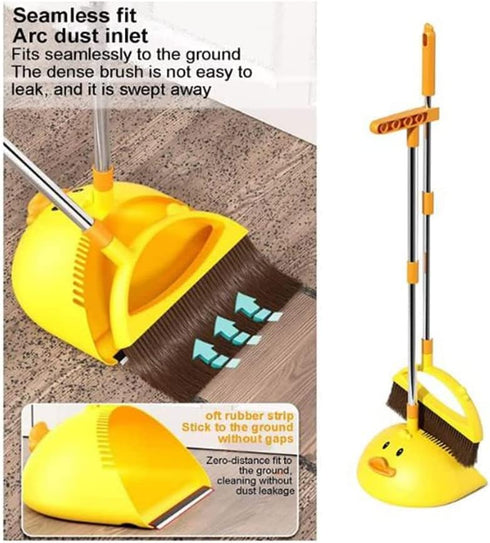 Cute Duck Cleaning Broom and Dustpan Set with Long Handle for Home Kitchen Room Office, Indoor Outdoor (Yellow)