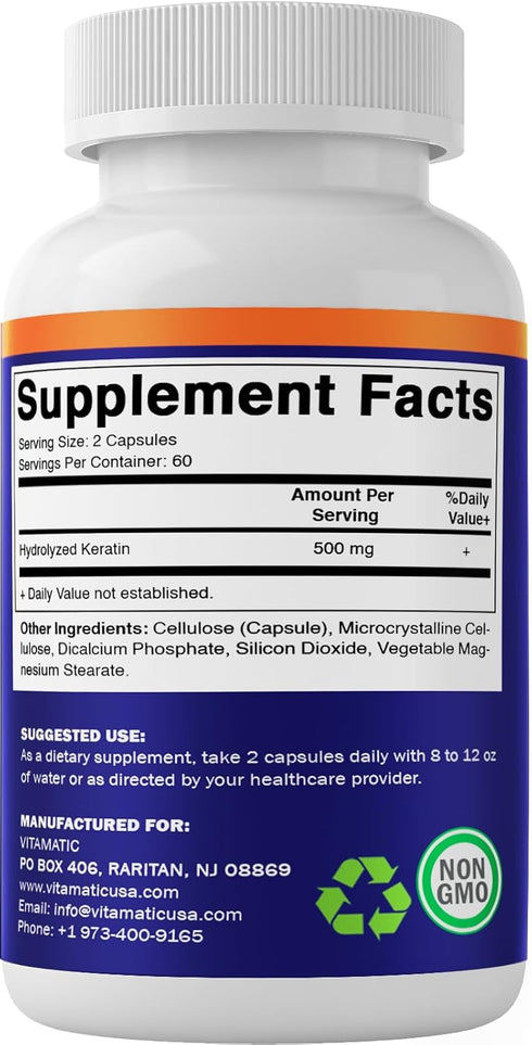 Vitamatic Hydrolyzed Keratin 500mg per Serving, 120 Vegetarian Capsules for Healthy Hair Skin & Nails for Adults