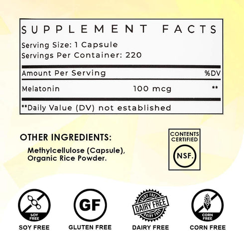 Lifted Naturals Micro Melatonin Family Size - 220 Vegetable Capsules, 100 mcg Low Dose Non-GMO Fast Dissolve Sleep Aid