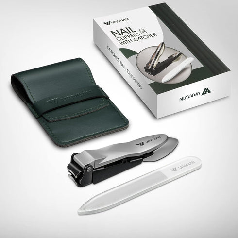 Nail Clippers with Catcher, No Splash Fingernail Toenail Clippers with Sharp Curved Blade and Glass Nail File