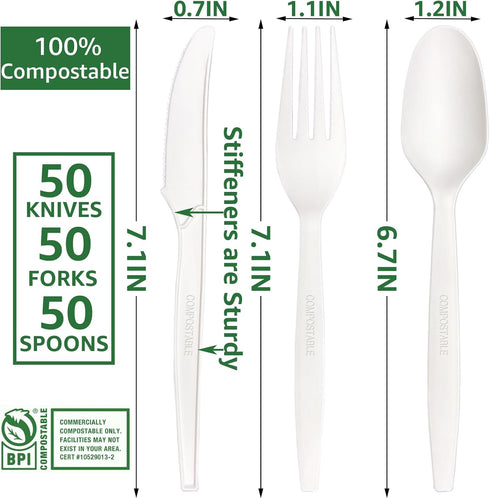 100% Compostable Forks Spoons Knives Set Utensils Cutlery Silverware Heavy Duty Eco-friendly Biodegradable Disposable No Plastic Forks Spoons Knives Set for Lounge,Party,BBQ,Banquet,Picnic. by MISISIPI