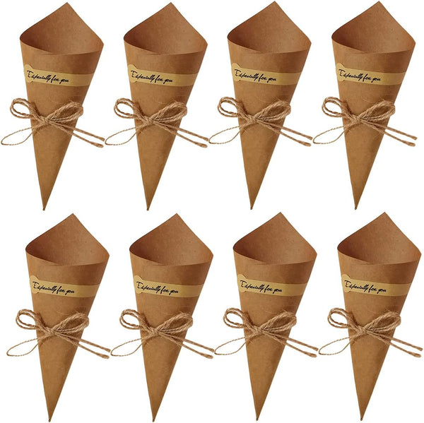 50Pcs Kraft Paper Cones for Bouquet Wrapping, Wedding Confetti Candy Gift Flower Holder with Hemp Ropes for DIY Decor