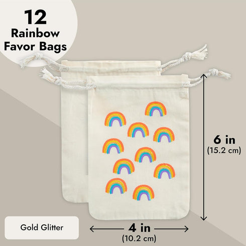 12-Pack Rainbow Party Favor Bags, Mini Canvas Drawstring Treat Pouches, Kids Birthdays, Unicorn Celebrations