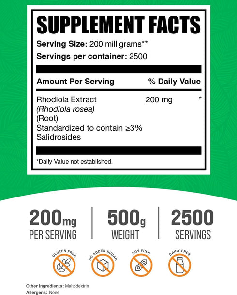BulkSupplements.com Rhodiola Extract Powder - 3% Salidrosides, Gluten Free, 200mg per Serving, 500g (1.1 lbs) - Herbal
